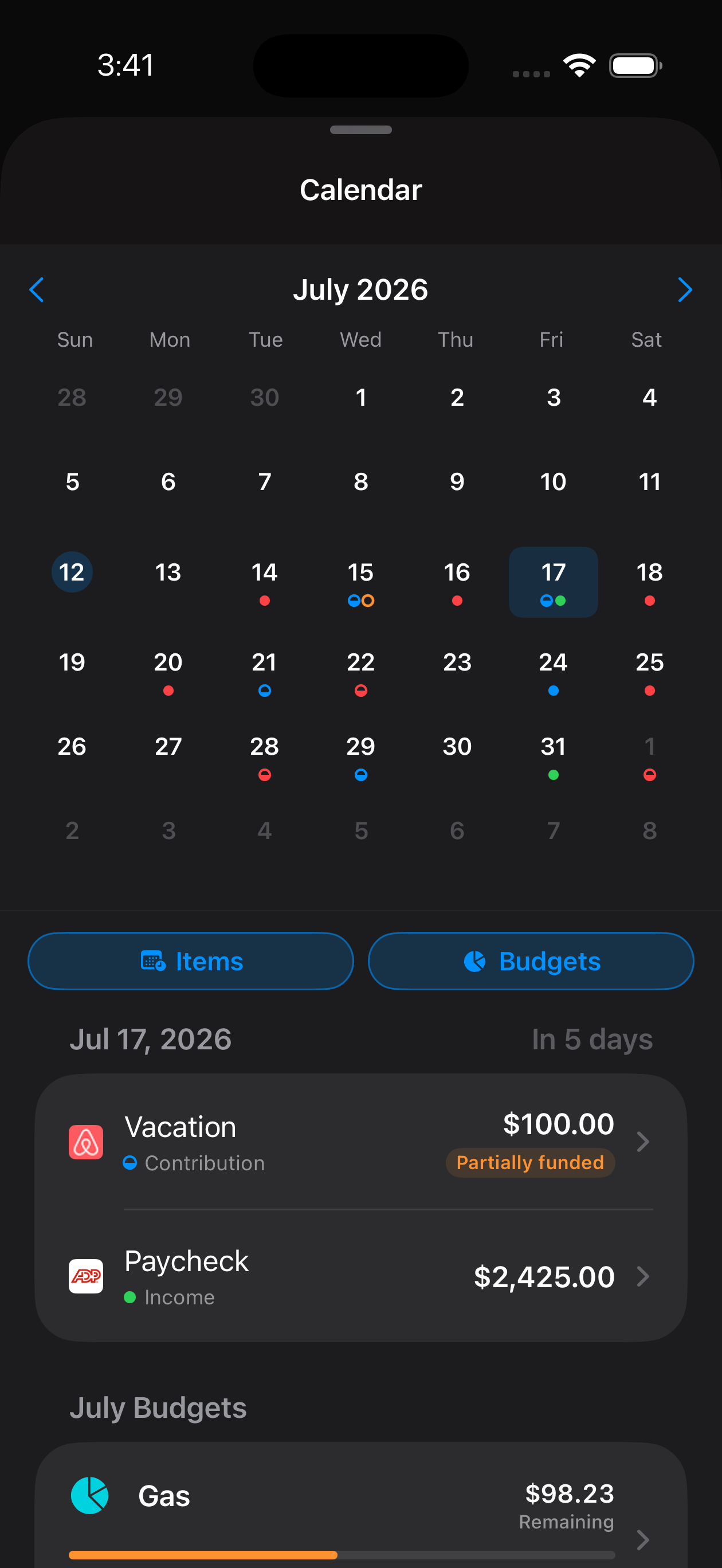 PlanIt calendar of upcoming bills and paydays